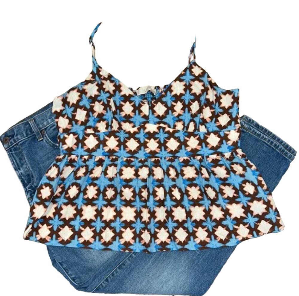 NWT LOFT Blue, Cream, Pink, Brown Floral Boho Peplum Tank -S